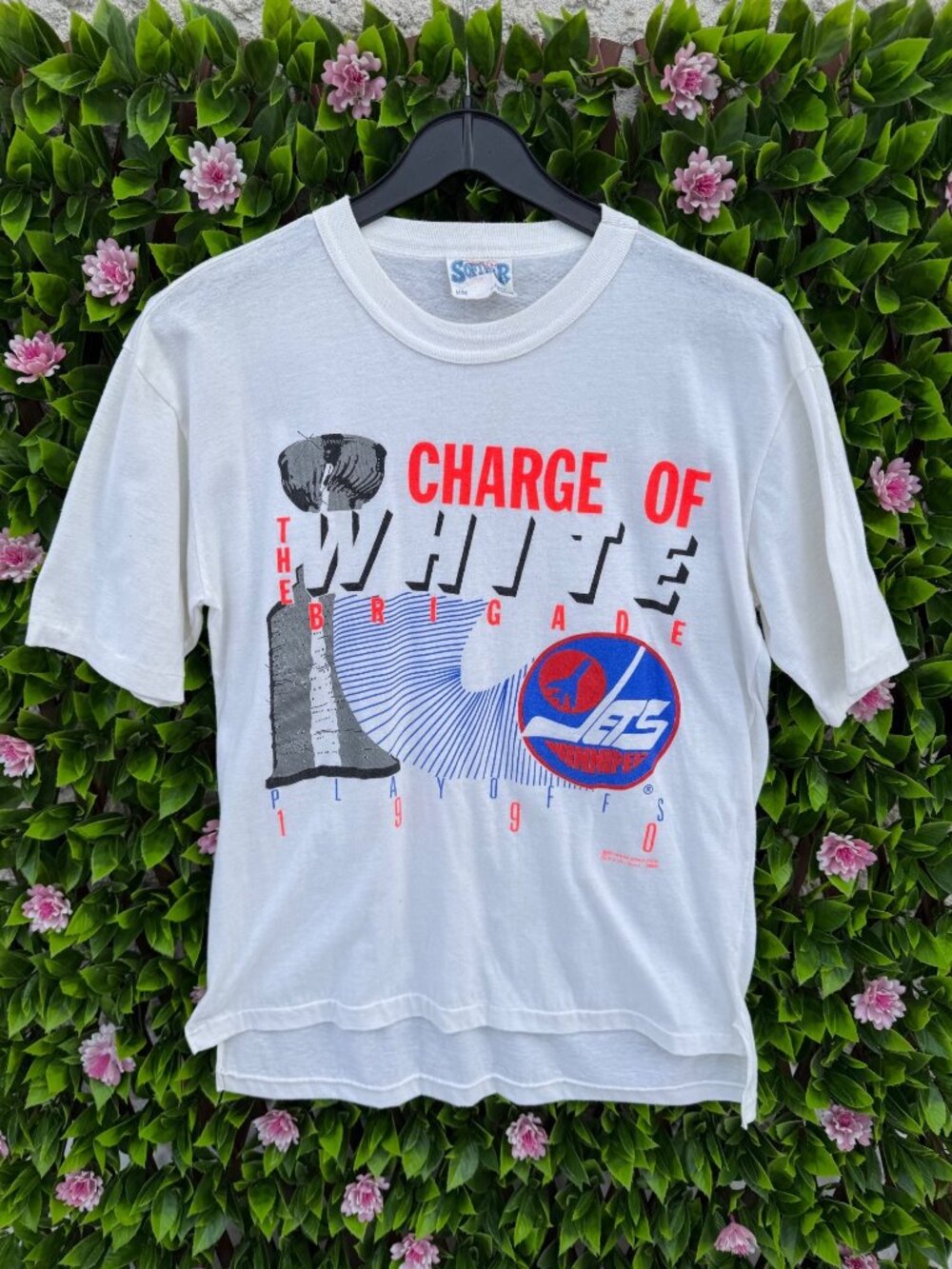 Playoffs 1990 Crew Neck Winnipeg Jets NHL T-shirt Charge of the White Brigade"